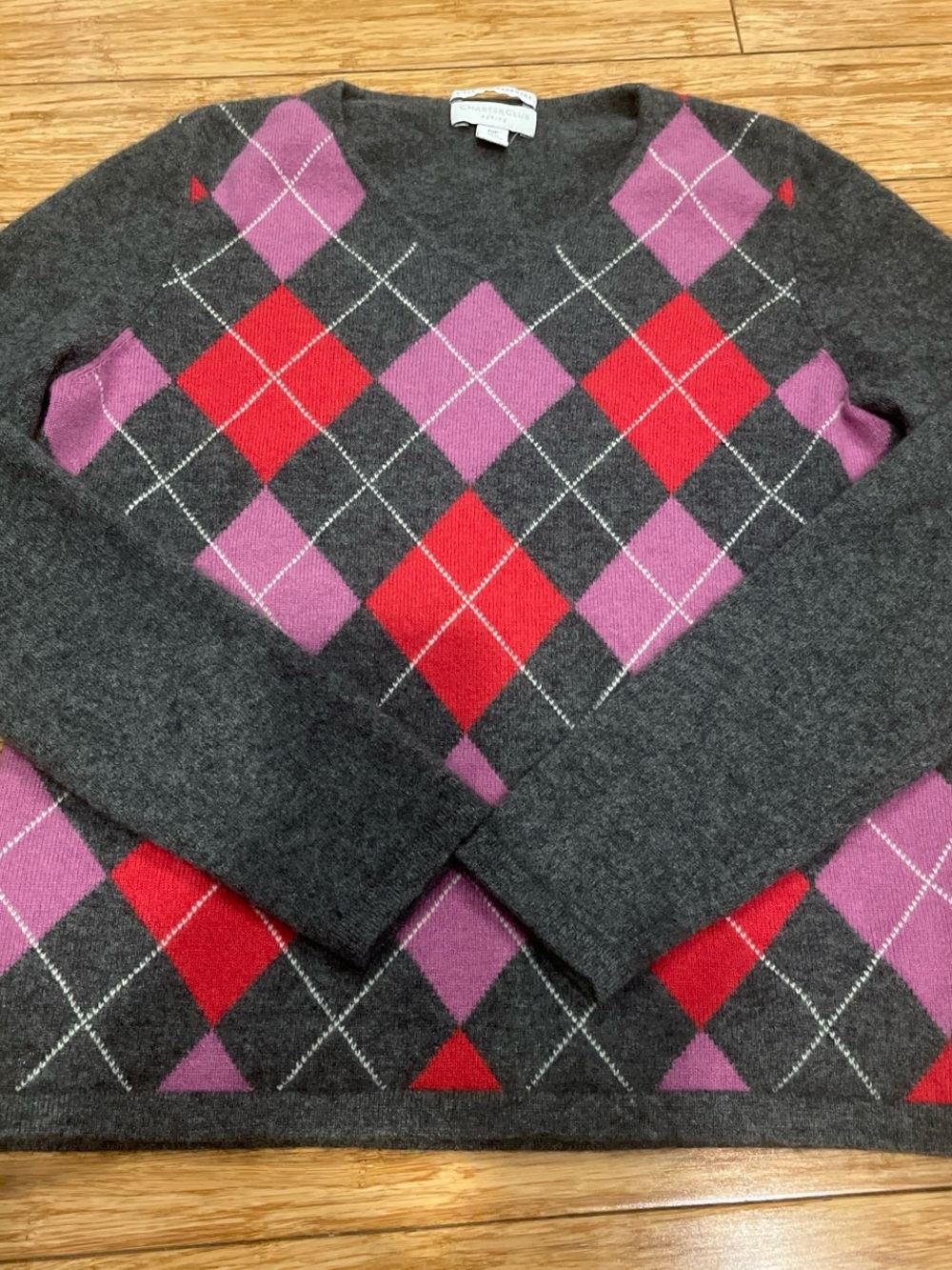 Woman’s Charcoal Argyle V-Neck Sweater with Red & Purple Diamond Pattern 100% ca